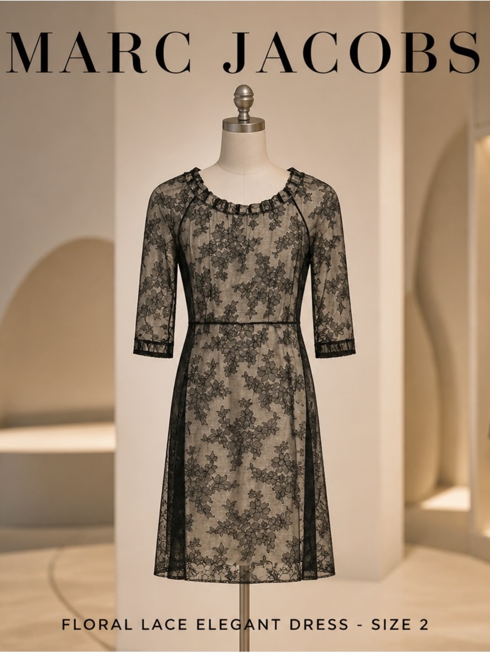 Marc Jacobs black floral lace overlay silhouette fitted midi dress sz 2